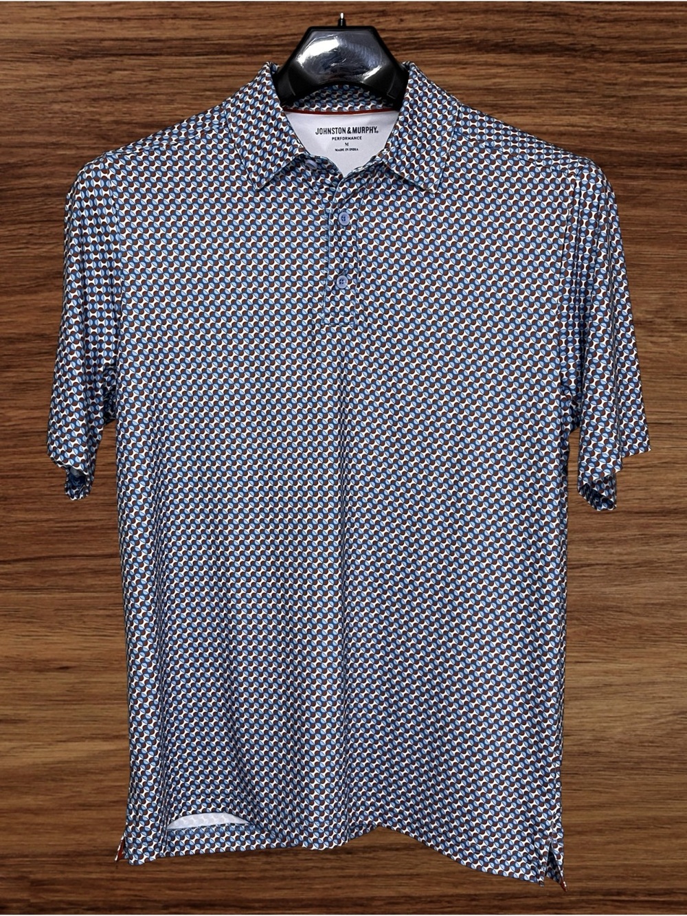 Johnston & Murphy Performance Blue Geo-Pattern Polo. Medium